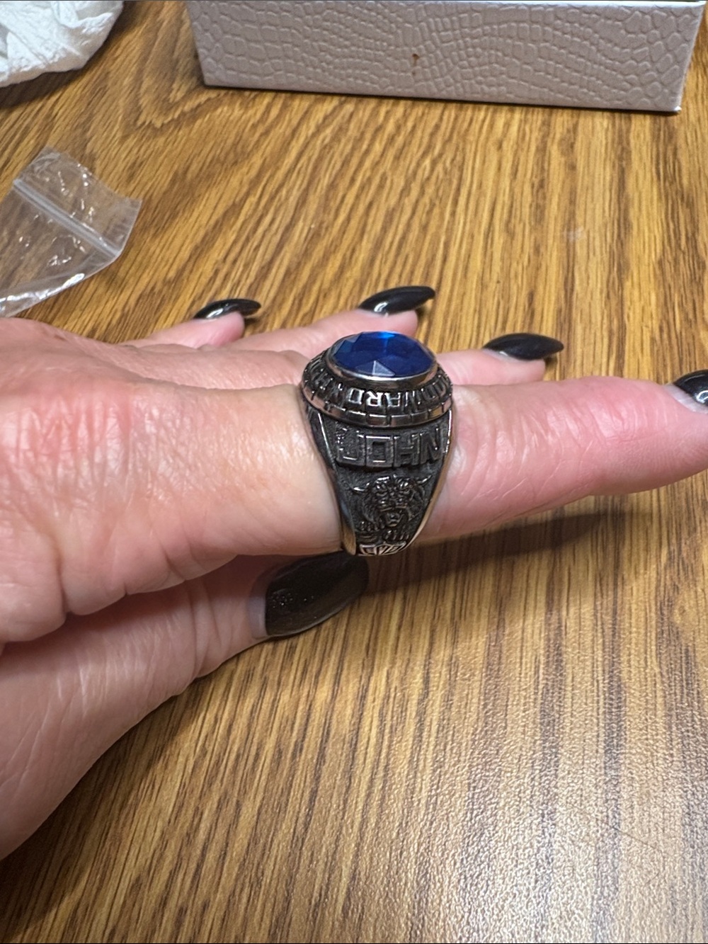 Men's Silver-Tone Ring with Blue Gemstone